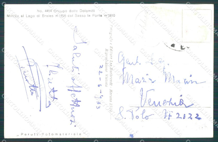 Bolzano Braies Lago di ABRASA Foto cartolina VK0167 – retro