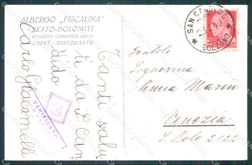 Bolzano Sesto Albergo Fiscalina cartolina VK1586 – retro