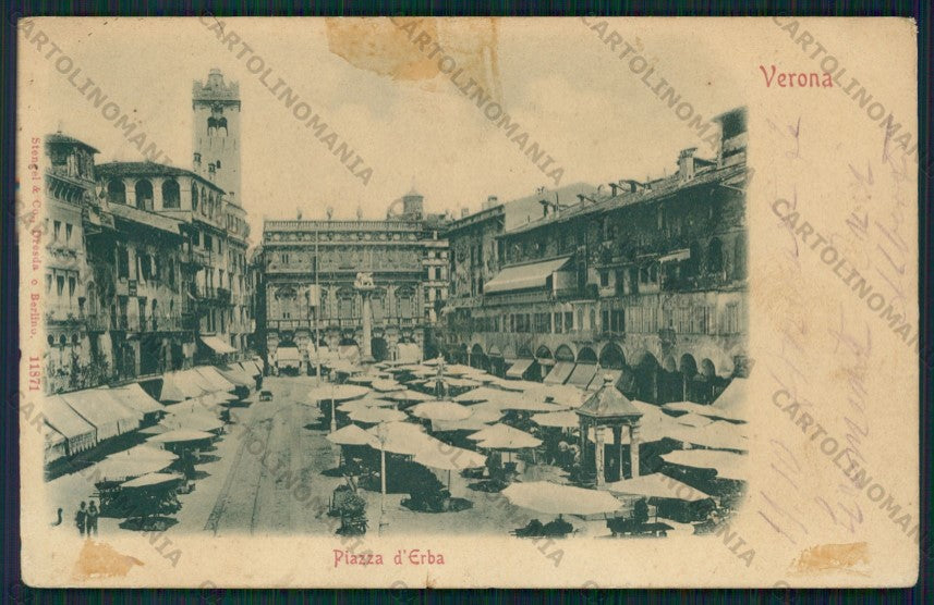 Verona Città Piazza Erbe Mercato COLLA PIEGA STRAPPINO cartolina VK1984 – fronte