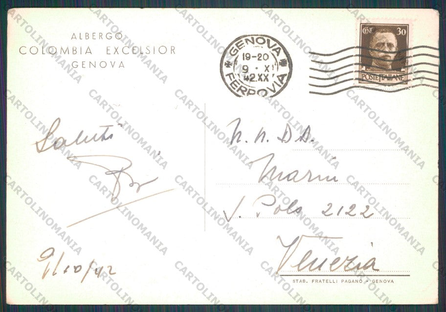 Genova Città Albergo Colombia Excelsior PIEGHINE FG cartolina VK2506 – retro