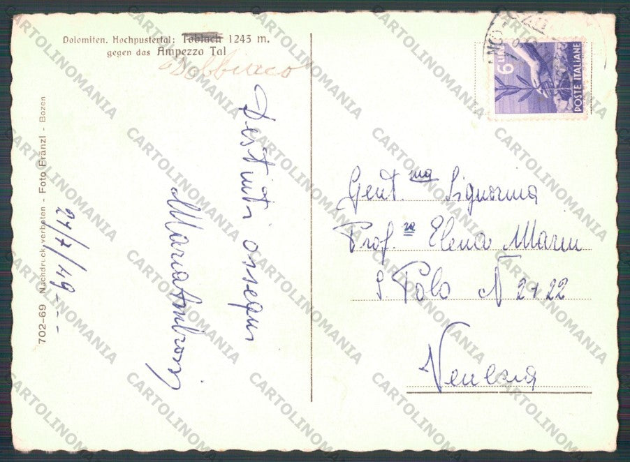 Bolzano Dobbiaco PIEGA FG cartolina VK2830 – retro