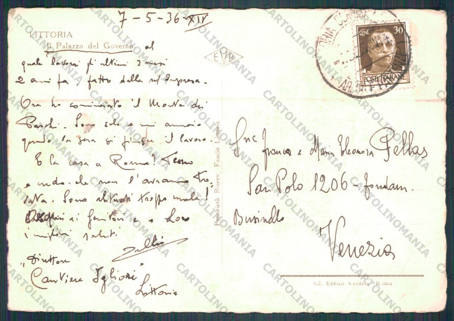Latina Littoria Città Palazzo del Governo Fascismo PIEGHINE FG cartolina VK2929 – retro