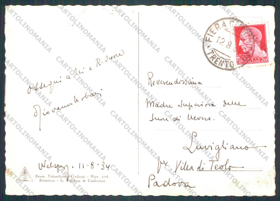 Trento Tonadico Primiero Laghetto Welsperg FG cartolina VK2990 – retro
