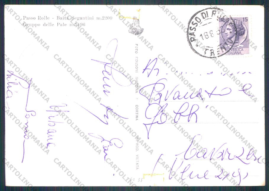 Trento Primiero Passo Rolle Gruppo Pale Baita Segantini Foto FG cartolina VK3001 – retro