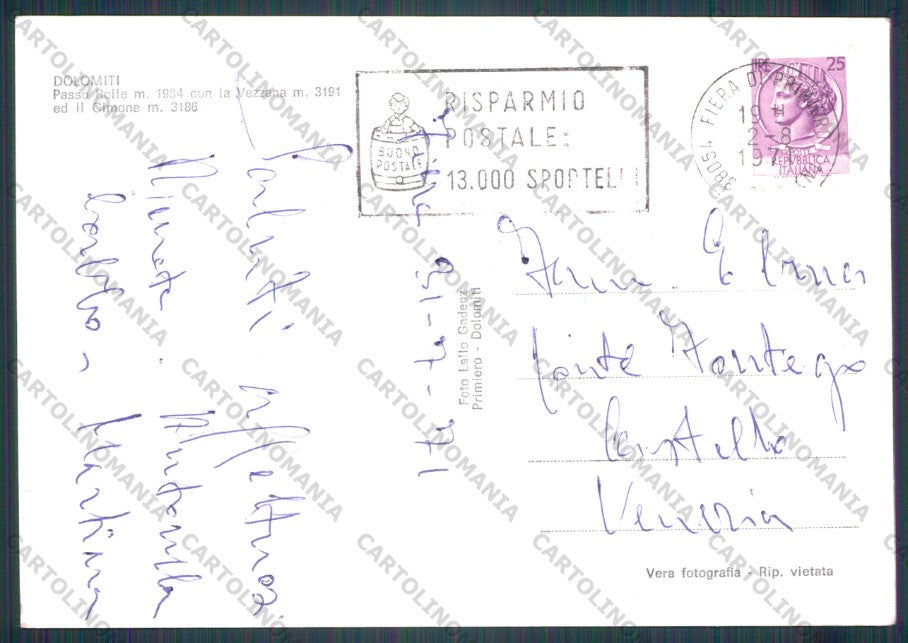 Trento Primiero Passo Rolle Auto PIEGHINE Foto FG cartolina VK3002 – retro
