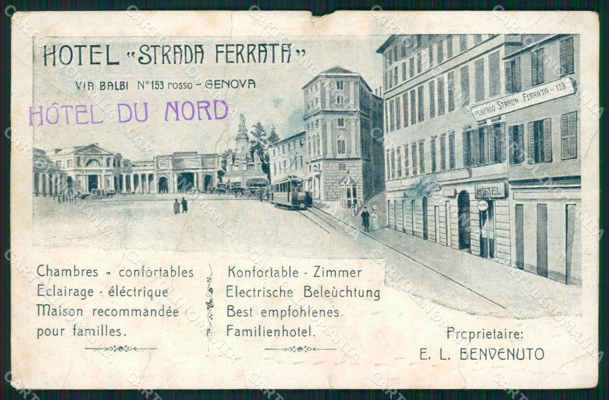 Genova città Hotel Strada Ferrata STRAPPINO PIEGHE cartolina VK4438 – fronte