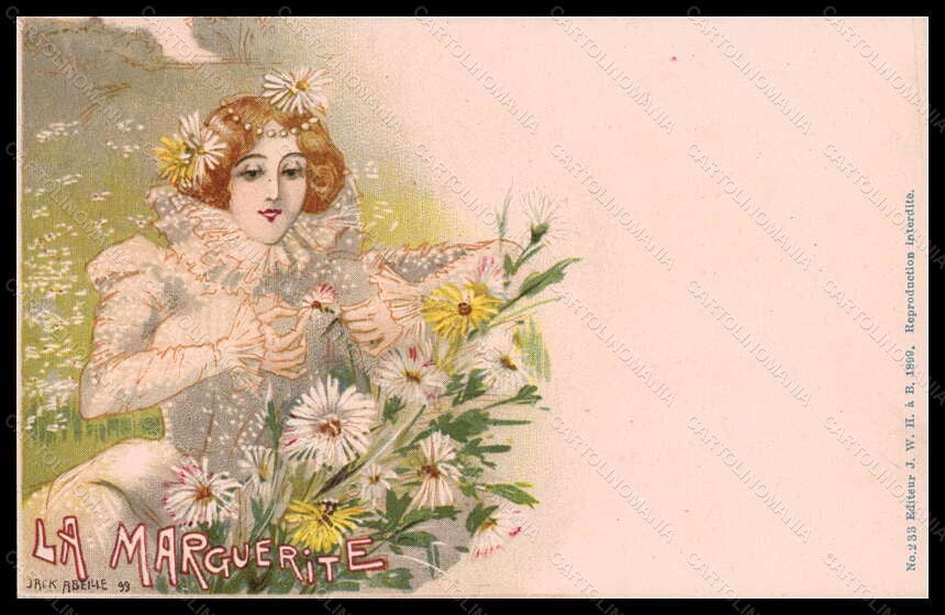 Artist Signed J. Abeille Lady Flowers Marguerite Art Nouveau serie 233 pc VK5539 – fronte