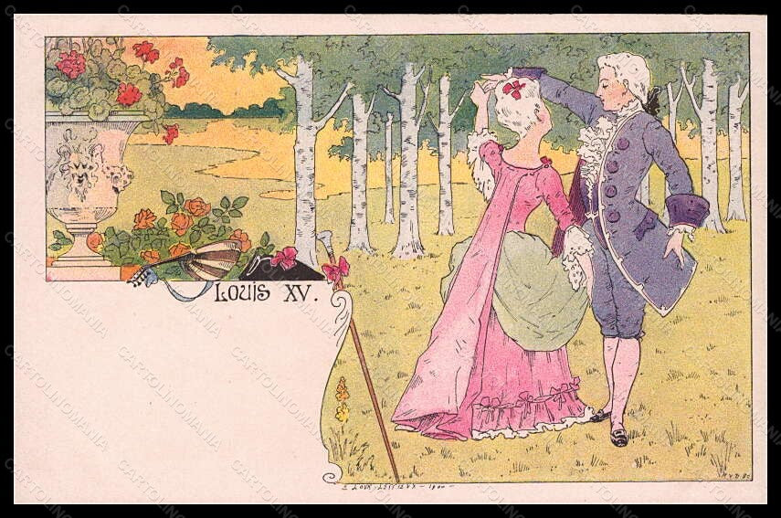 Artist Signed L. Lessieux Art Nouveau Lady Dance Couple Louis XV postcard VK5574 – fronte