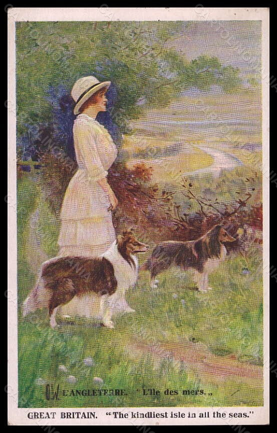 Artist Signed O. W. Fashion Lady and Collie Dog serie 1013 ABRADED pc VK5624 – fronte