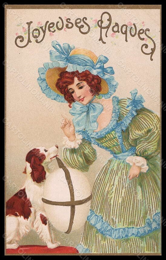 Artist Signed Illustratori Lady Easter Egg Dog Art Nouveau postcard VK5636 – fronte