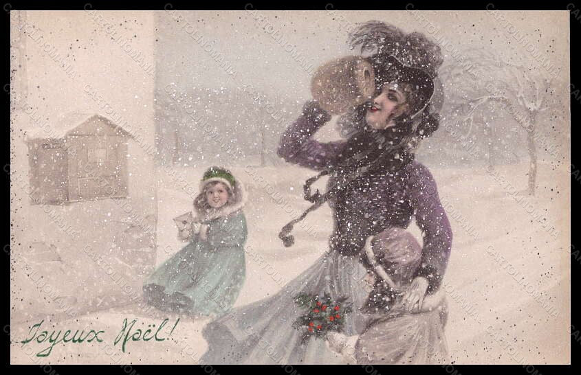 Artist Signed Lady Girl Snow Christmas Viennoise V. K. Vienne 5001-a pc VK5649 – fronte