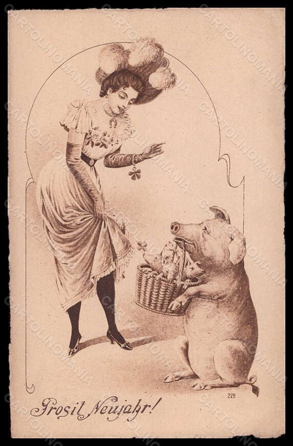 Artist Signed Lady Pig Art Nouveau New Year Mushroom Luck serie 226 pc VK5655 – fronte