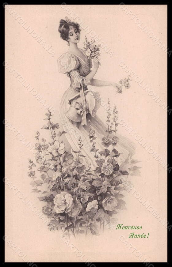 Artist Signed Lady Flowers Viennoise MM Vienne serie 398 postcard VK5672 – fronte