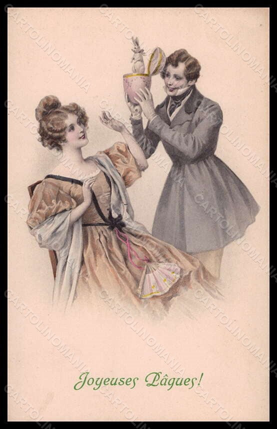 Artist Signed Romantic Couple Easter Egg Rabbit MM Vienne 302 postcard VK5681 – fronte