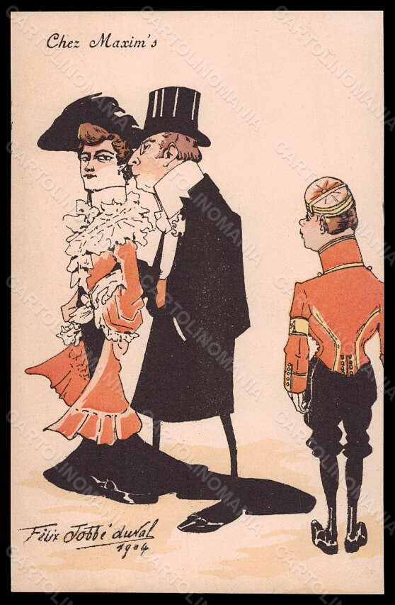 Artist Signed F. J. Duval Romantic Couple Chez Maxim's postcard VK5742 – fronte