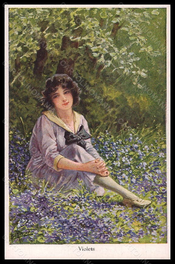 Artist Signed Bill Fisher Violets Fashion Glamour Lady Neury pc VK5817 – fronte