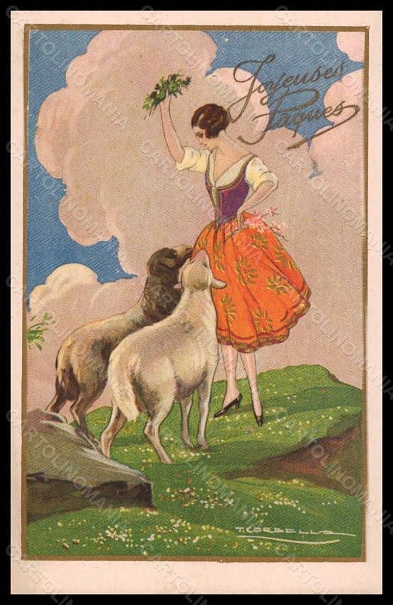 Artist Signed T. Corbella Lady Easter Lamb Degami 3548 postcard VK5895 – fronte