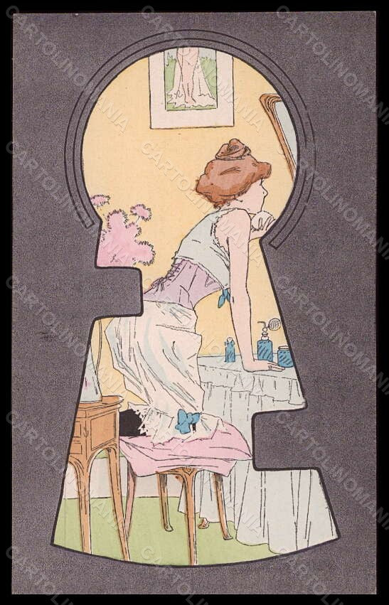 Artist Signed H. Morin Risque Lady Art Nouveau Make up Puff Keyhole pc VK5962 – fronte