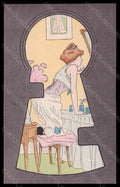 Artist Signed H. Morin Risque Lady Art Nouveau Make up Puff Keyhole pc VK5962 – fronte
