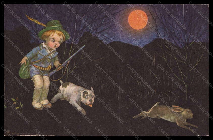 Artist Signed E. Colombo Boy Bonzo Dog Rabbit Hunting serie 1902 pc VK5998 – fronte