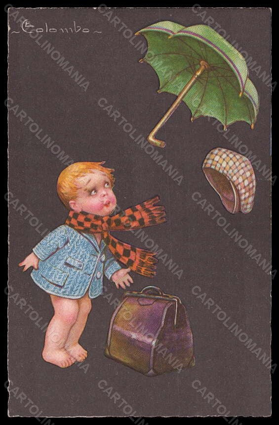 Artist Signed Illustratori E. Colombo Boy Wind Umbrella serie 1994-1 pc VK5999 – fronte