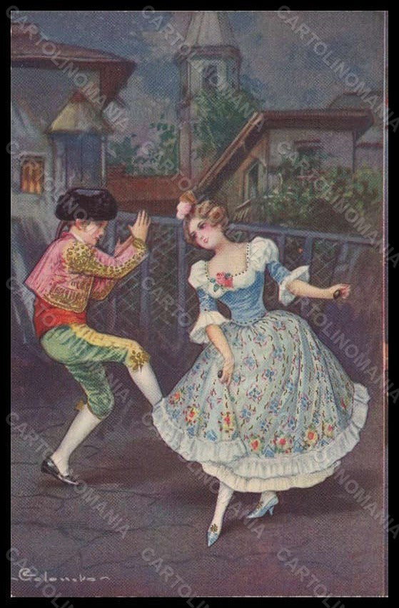 Artist Signed E. Colombo Spanish Lady Couple Dance serie 2124 pc VK6013 – fronte