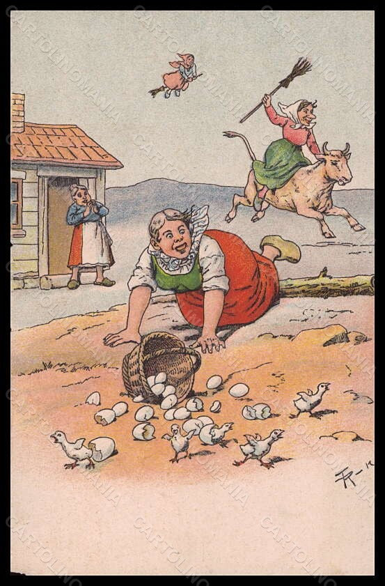 Artist Signed Fritz Reifs ? Witch Witches Egg Chick Cow 1963 ABRADED pc VK6069 – fronte