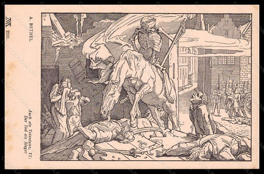 Artist Signed A. Rethel Skeleton Death Horse CORNER CREASED postcard VK6084 – fronte