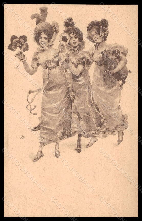 Artist Signed OPF Lady Art Nouveau Luck Pig Four-Leaf Clover Horseshoe pc VK6156 – fronte