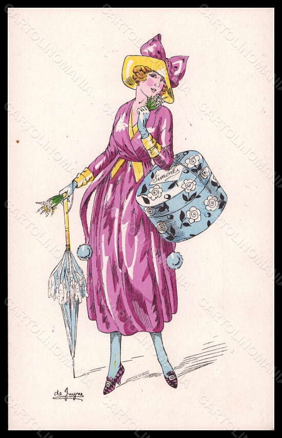 Artist Signed De Juyne Fashion Glamour Lady Mode Hand Painted Picot pc VK6216 – fronte