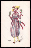 Artist Signed De Juyne Fashion Glamour Lady Mode Hand Painted Picot pc VK6217 – fronte