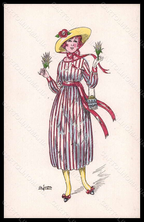Artist Signed De Juyne Fashion Glamour Lady Mode Hand Painted Picot pc VK6217 – fronte