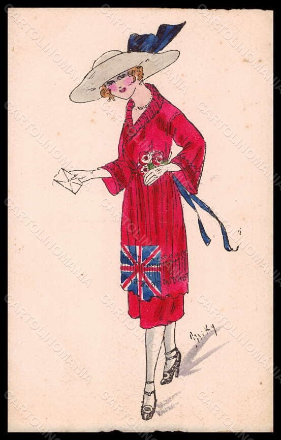 Artist Signed Miki Fashion Glamour Lady Mode Hand Painted British Flag pc VK6222 – fronte