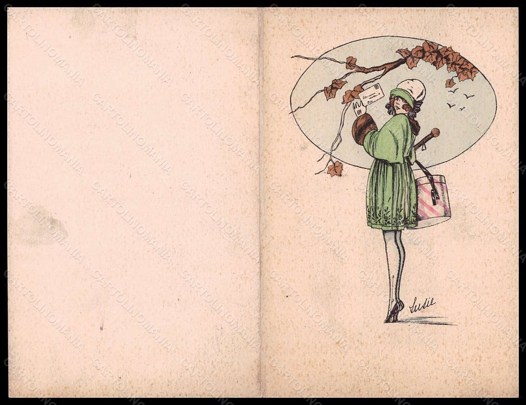 Artist Signed Susie Fashion Glamour Lady Mode Greeting Card cartoncino VK6232 – fronte