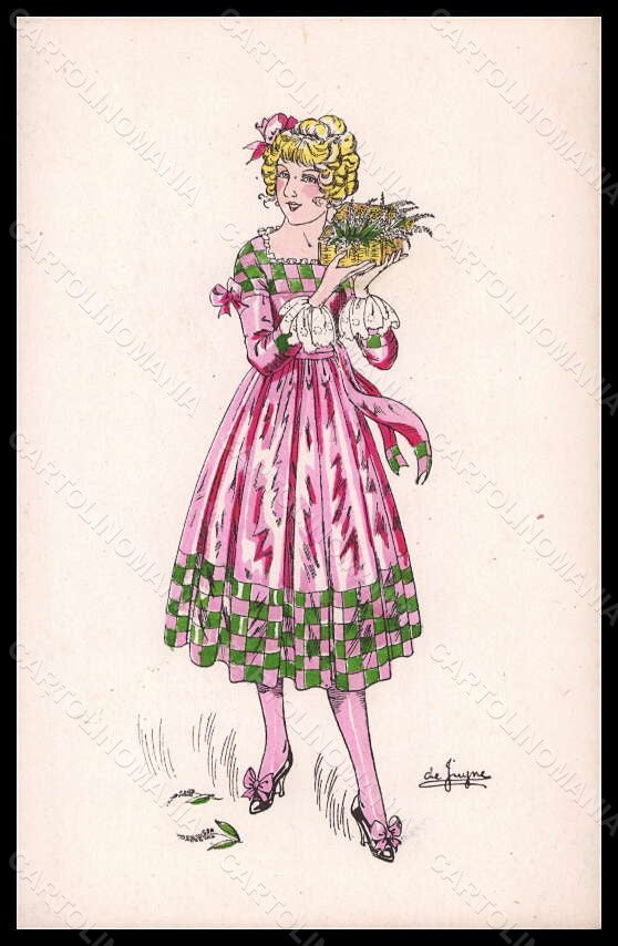 Artist Signed De Juyne Fashion Glamour Lady Mode Hand Painted Picot pc VK6311 – fronte