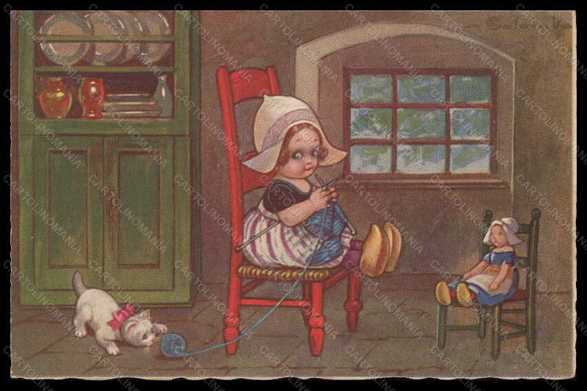 Artist Signed Colombo Dutch Girl Boll Cat serie 2032 postcard VK6461 – fronte