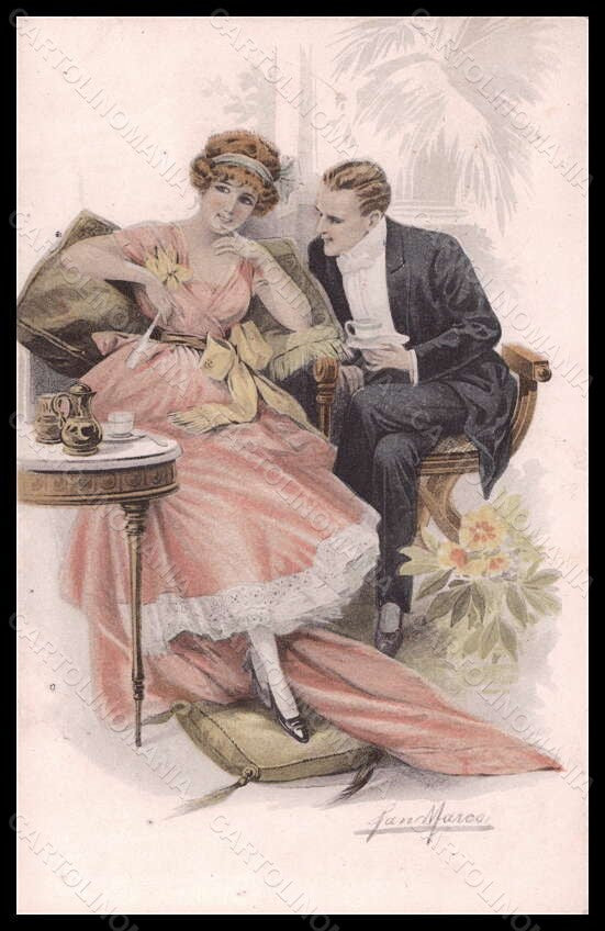 Artist Signed San Marco Romantic Couple Teatime serie 2054 postcard VK6530 – fronte