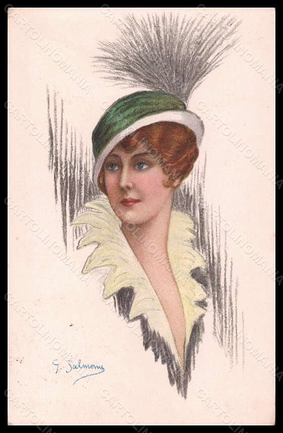 Artist Signed Salmony Fashion Glamour Lady Mode Hat serie 866-5 postcard VK6550 – fronte