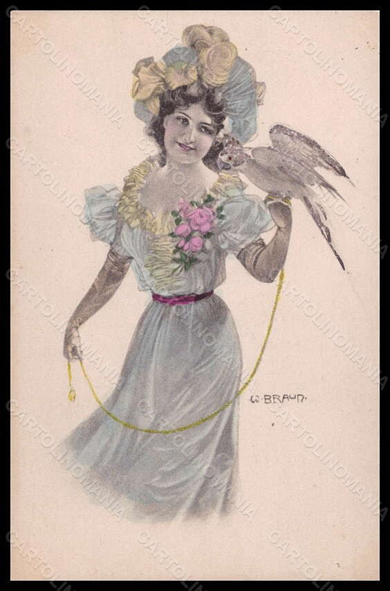 Artist Signed W. Braun Lady Parrot Art Nouveau TEARED postcard VK6699 – fronte