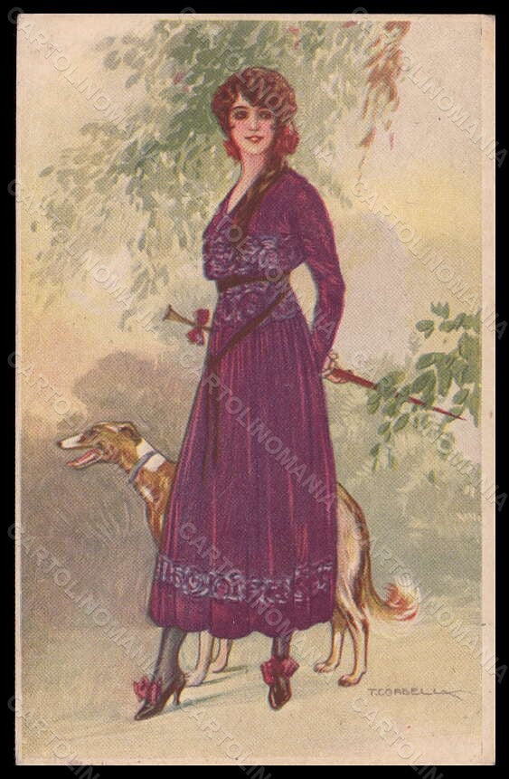 Artist Signed Corbella Fashion Lady Borzoi Dog serie 237-2 CREASED pc VK6728 – fronte
