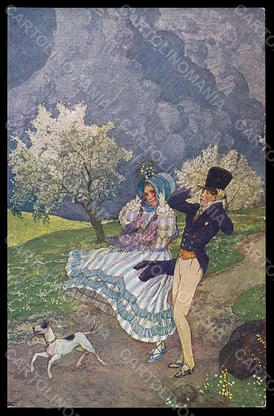 Artist Signed Illustratori J. Wenig Couple Lady Dog Spring postcard VK6825 – fronte