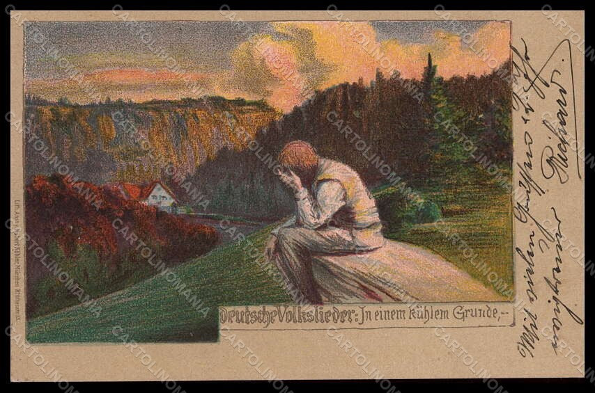 Artist Signed POM ? Man Deutsche Volkslieder Litho serie 13 postcard VK6877 – fronte