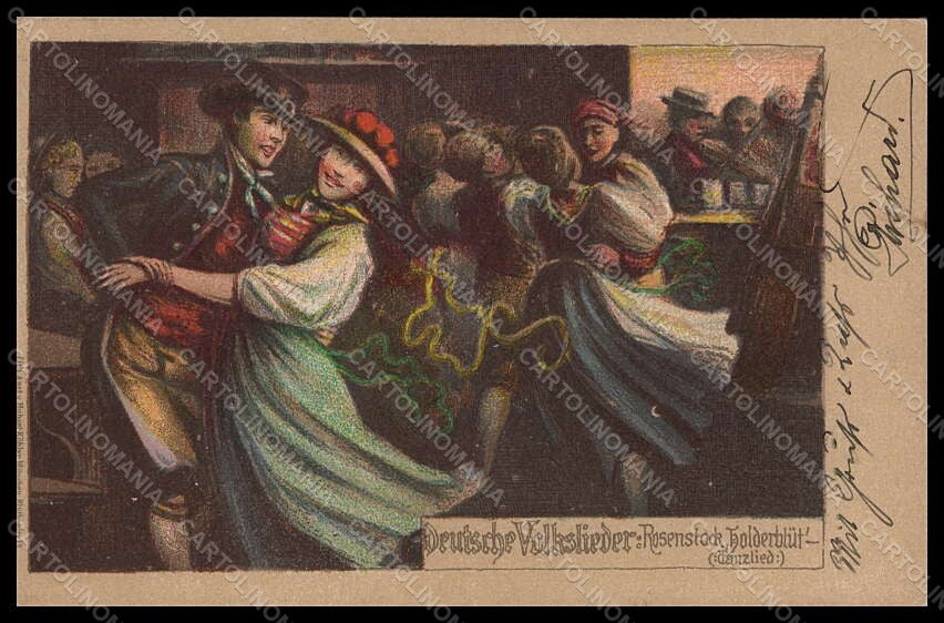 Artist Signed POM ? Dancing Couple Deutsche Volkslieder Litho postcard VK6878 – fronte