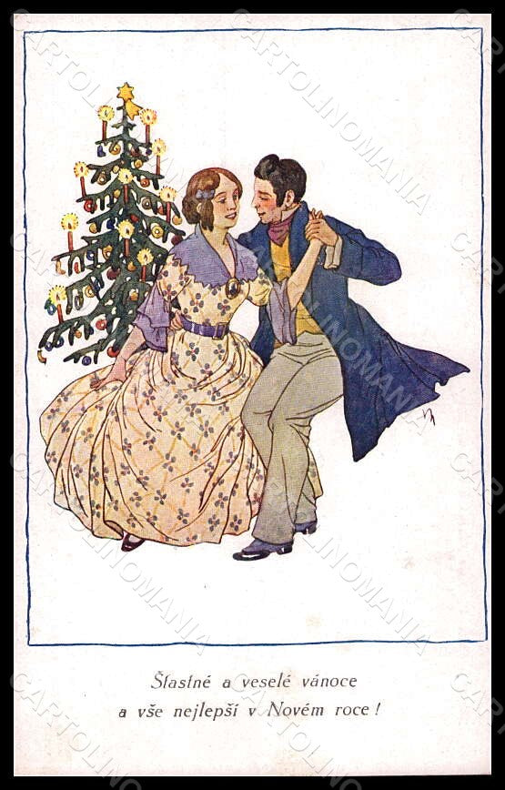 Artist Signed Nahlicka Romantic Couple Christmas Tree postcard VK6911 – fronte