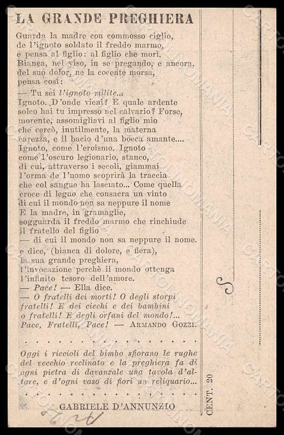 Artist Signed Argo Ignoto Militi D'Annunzio Militari Propaganda WW1 pc VK6963 – retro