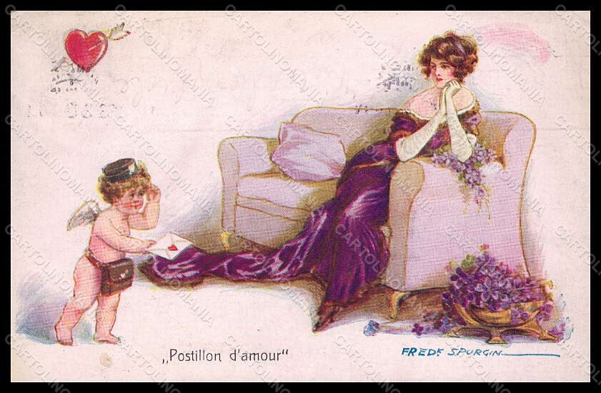 Artist Signed Fred Spurgin Lady Cupid Violets serie 51655-4 postcard VK6985 – fronte