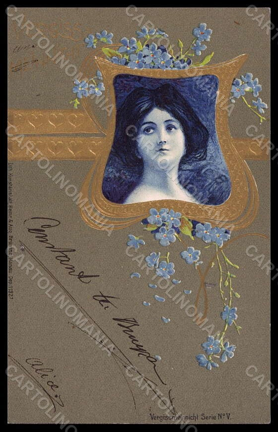 Artist Signed Jozsa Lady Myosotis Art Nouveau serie V postcard VK7019 – fronte