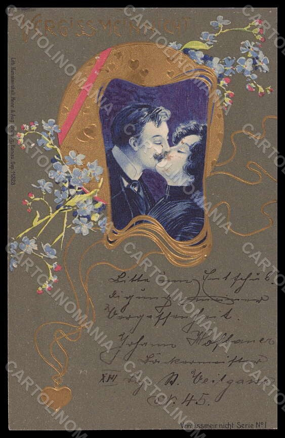 Artist Signed Jozsa Kissing Couple Myosotis Art Nouveau serie I postcard VK7020 – fronte