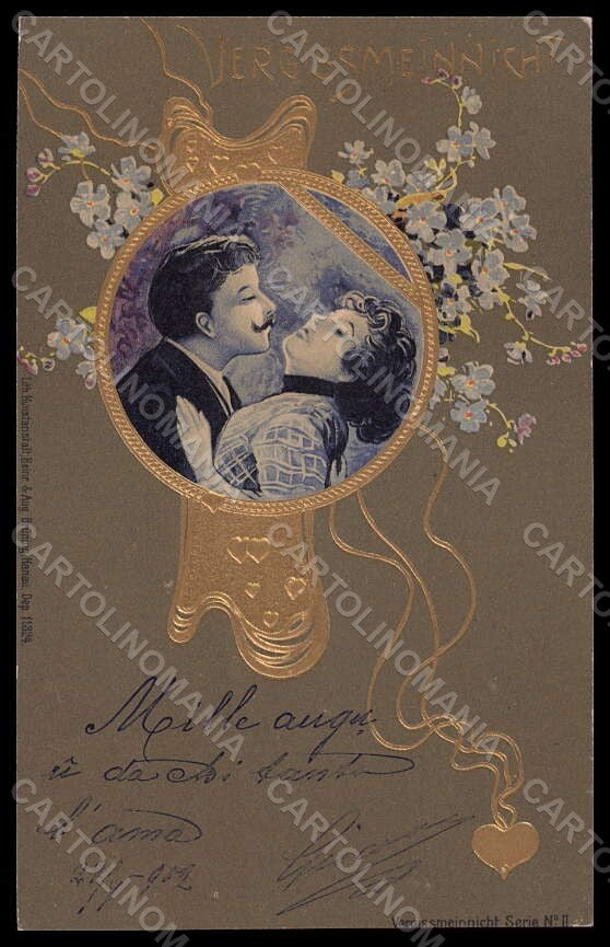 Artist Signed Jozsa Romantic Couple Myosotis Art Nouveau serie II pc VK7022 – fronte