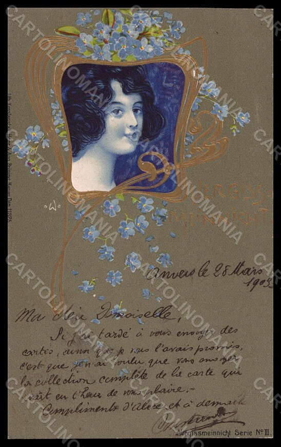 Artist Signed Jozsa Lady Myosotis Art Nouveau serie III postcard VK7023 – fronte